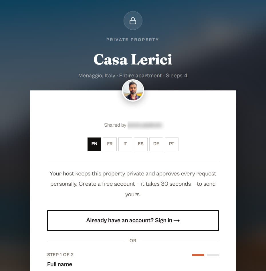 A private property page for Casa Lerici showing a lock icon, the host's photo, a language picker and a short form to request access
