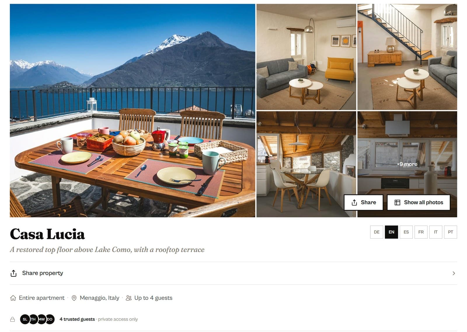 A finished property page for Casa Lucia: a large photo of a breakfast table on a terrace above Lake Como, four interior photos, the name, a one-line description and the property details